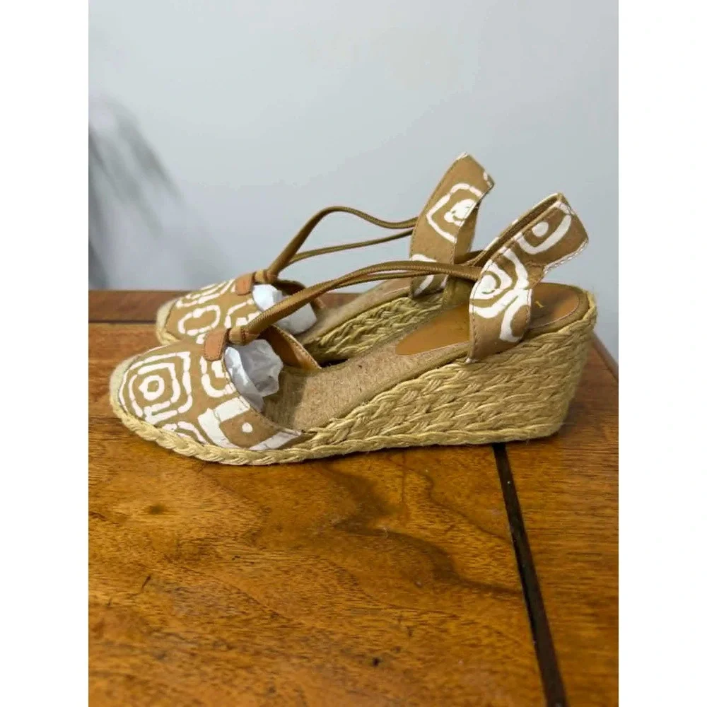 vtg‎ Lauren Ralph Lauren 9 B Cala Espadrille Wedge Sandals Tan White CALA-ES-CSL